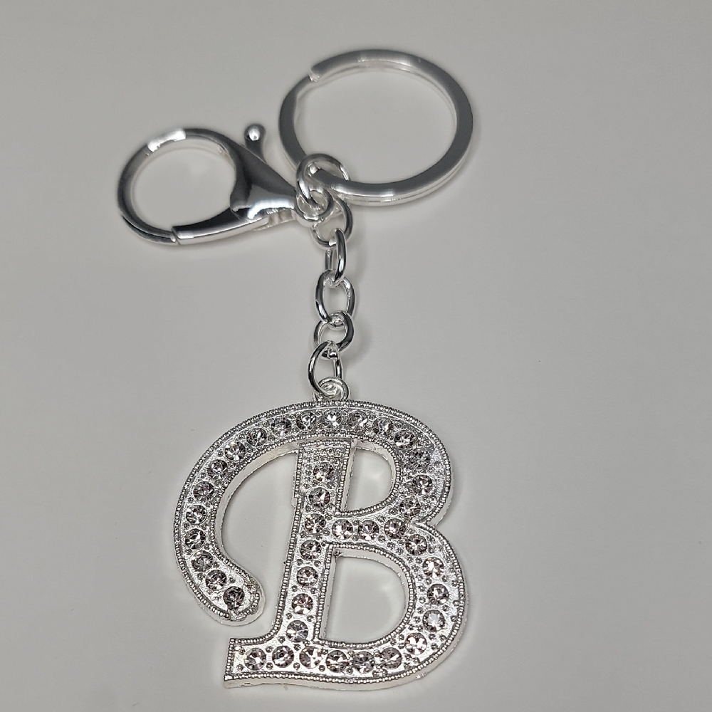 Letter B Initial B Alphabet B Rhinestone Silver Key Chain Bag Charm - Picture 2 of 6